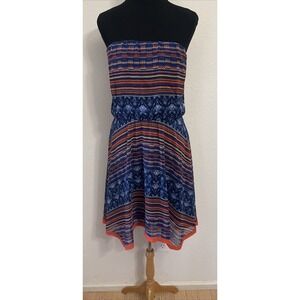 Maeve‎ Anthropologie Strapless Handkerchief Hem Dress Blue Orange Ikat Print M
